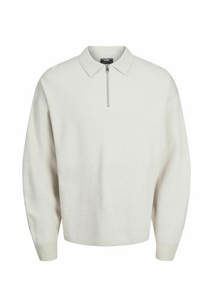 Hanorac alb cu guler și fermoar pe jumătate. Prezintă o croială relaxată, manșete ribbate și o textură moale. Design minimalist, fără modele.
