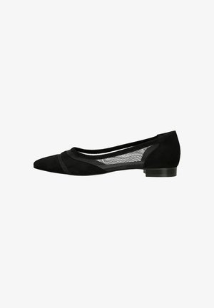 Black suede flat shoe with a pointed toe, featuring mesh side panels and a low heel. Simple design with contrasting materials.