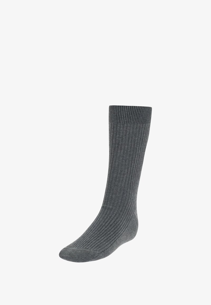 Calcetín gris con canalé, de forma alta y ajustada; fabricado con una tela suave y elástica, con un color sólido y un diseño texturizado.