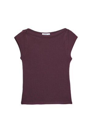 Kurzarmpullover mit Rundhalsausschnitt in Dunkelpink, aus weichem Jersey-Stoff gefertigt. Hat eine figurbetonte Silhouette und eine glatte Textur.