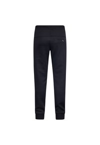 Schwarze Jogginghosen mit schmal zulaufendem Schnitt, elastischem Bund und gerippten Bündchen. Eine kleine Tasche befindet sich auf der Rückseite und hat ein minimalistisches Design.