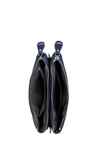 Navy blue zippered wallet with two compartments, silver hardware, and lined with a black zigzag pattern. Smooth exterior texture.