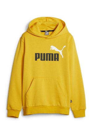 Gul hættebluse lavet af blødt stof, med en kængurulomme, ribbede mansjetter, et stort sort "PUMA" logo, og en hvid puma silhuet.