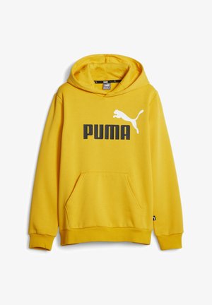 Geel hoodie gemaakt van zachte stof, met een kangoeroezak, ribgebreide manchetten, een groot zwart "PUMA" logo en een witte puma-silhouet.
