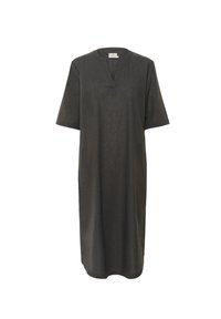 Robe gris foncé en tissu doux, avec des manches courtes, une encolure en V et une silhouette droite avec des fentes latérales.