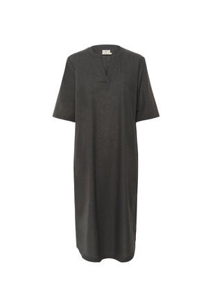 Abito grigio scuro realizzato in tessuto morbido, con maniche corte, scollo a V e una silhouette dritta con spacchi laterali.