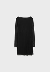 Robe noire à manches longues avec manches en mesh transparent, encolure ronde et ourlet légèrement froncé, vue de dos sur un fond uni.