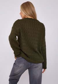 Olivgrüner, gestrickter Pullover mit strukturiertem Muster, Rundhalsausschnitt und lockerer Passform. Kombiniert mit ausgebleichten grauen Jeans, von hinten gezeigt.