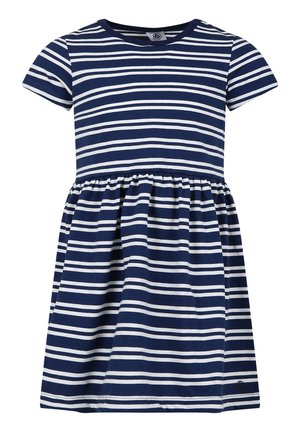 Abito in cotone blu navy con strisce orizzontali bianche, maniche corte e vita arricciata. Presenta un colletto rotondo e una lunghezza sotto il ginocchio.
