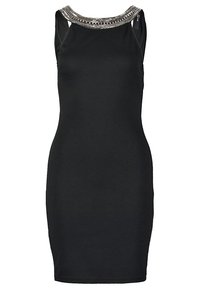 Robe noire sans manches avec une silhouette ajustée, dotée d'un col orné décoratif et d'une texture de tissu lisse.