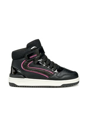 Sneaker alte nere con accenti lucidi, dettagli rosa e argento, tessuto testurizzato e design con lacci sicuro. Marchio Geox visibile.