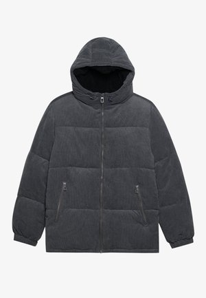 Graue Corduroy-Puffermantel mit Kapuze, Reißverschluss vorne und zwei Seitentaschen. Besitzt ein gestepptes Design und elastische Bündchen.