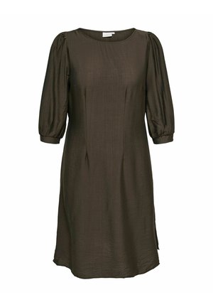 Tumši olīvu zaļa ceļgalu garuma kleita ar pūstām trīs ceturtdaļas piedurknēm un apaļu izgriezumu.