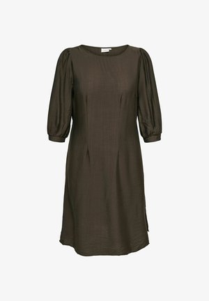 Tumši olīvu zaļa ceļgalu garuma kleita ar pūstām trīs ceturtdaļas piedurknēm un apaļu izgriezumu.