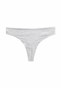 Gray cotton thong underwear with a smooth texture, narrow sides, and a soft waistband, featuring subtle stitching detail along the edges.