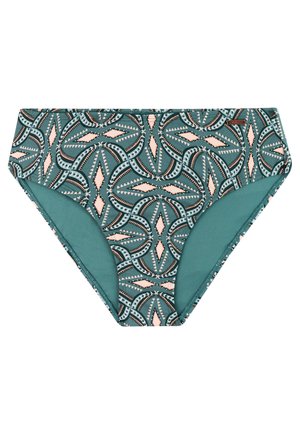 Turkooise bikinibroekje met een geometrisch patroon in perzik en zwart. Heeft een gemiddelde bedekking, zachte stof en gestikte randen.