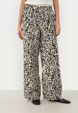 Pantaloni a gamba larga in stampa leopardata beige con macchie nere e marroni, realizzati in tessuto leggero, con vita elastica e vestibilità rilassata.