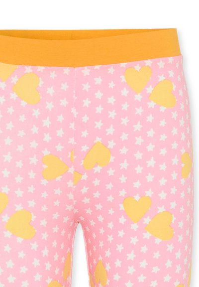 Różowe legginsy z żółtymi serduszkami i białymi gwiazdkami. Posiadają pomarańczową elastyczną talię. Miękka tkanina.