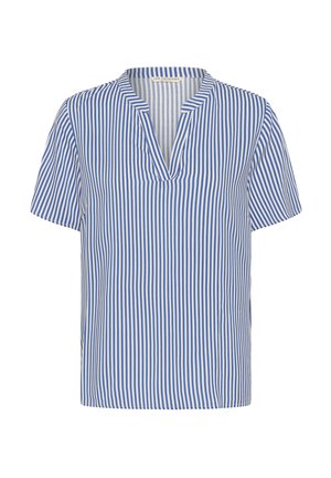 Modra in bela vertikalno črtasta bluza s kratkimi rokavi, z razporkom v obliki črke V in brez ovratnika.