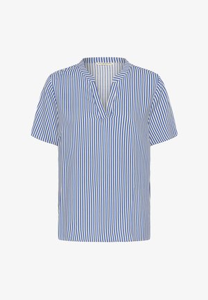 Modra in bela vertikalno črtasta bluza s kratkimi rokavi, z razporkom v obliki črke V in brez ovratnika.