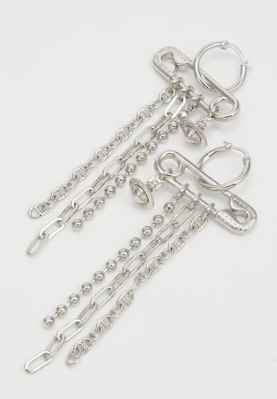 Silver earrings featuring multiple chain strands, round beads, and a decorative locking mechanism. Smooth metal finish with intricate design.