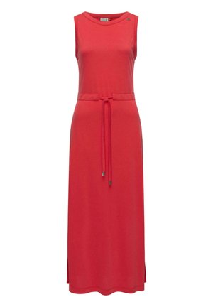 Rotes ärmelloses Maxikleid mit tailliertem Gürtel, aus weichem Stoff gefertigt, mit seitlichen Schlitzen und dezenten Details am Ausschnitt.