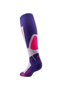 Calze a compressione fino al ginocchio con un design viola, bianco e rosa caratterizzato da motivi geometrici e materiale testurizzato. Logo del brand visibile.