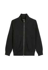 Donkergrijze gebreide cardigan met een hoge kraag, voorritssluiting, geribde textuur en lange mouwen. Subtiel merketiket aan de zoom.