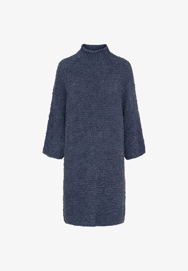 Mørkeblå, oversized kjole med høj hals og trekvartærmer. Tekstureret, fluffy stof med løs pasform og lige silhuet.