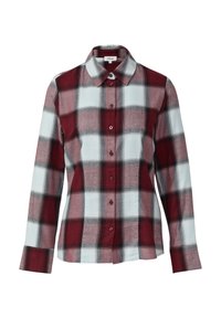 Koszula z długim rękawem, zapinana na guziki, w czerwono-biało-czarną kratkę, z pointed collar.
