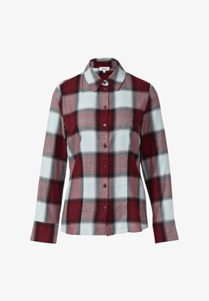 Ilgām piedurknēm pogājama krekla ar sarkano, baltā un melno svītru rakstu un norādītu apkakli.