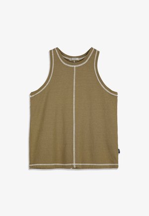Débardeur sans manches vert olive avec des surpiqûres blanches contrastantes le long des bords et au centre, doté d'un col rond.