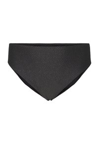 Črne hlačke z visokim pasom, ki imajo teksturiran vzorec in gladko notranje podlogo. Elegantna oblika s klasičnim krojem.
