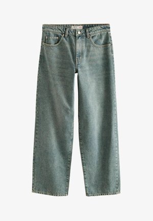 Baggy ljusblå denimjeans med hög midja, vida ben, fem fickor och subtila blekningar. Klassiska stygn längs sömmarna och midjebandet.