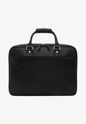 Schwarze Lederaktentasche mit zwei oberen Griffen, silbernen Beschlägen, Reißverschluss und glatter Textur. Mit eingeprägtem Logo auf der Vorderseite.