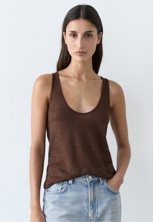 Massimo Dutti 100% LINEN STRAPPY TOP - Top - mottled dark brown