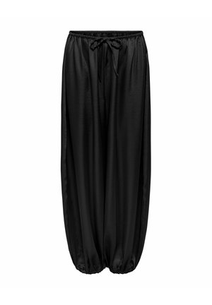 Ohlapne črne satenaste hlače z elastičnim pasom in vezalko, z nabranimi elastičnimi manšetami pri gležnjih.