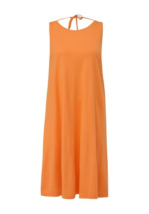 Orange sleeveless dress with a round neckline and tie back. Made of soft fabric, it features a loose, flowing silhouette and knee-length hem.
