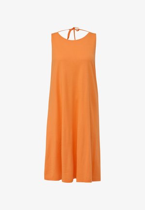 Orange sleeveless dress with a round neckline and tie back. Made of soft fabric, it features a loose, flowing silhouette and knee-length hem.