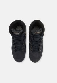High-top sneakers in dark blue suede, featuring gray fleece collar, black laces, and gold eyelets for additional support.
