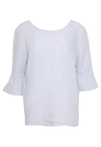 Blusa a righe blu chiaro e bianca con scollatura a barca e maniche a campana. Realizzata in un tessuto leggero, presenta una vestibilità comoda.