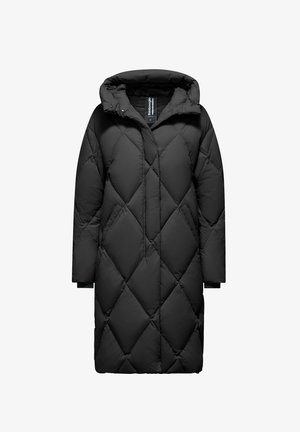 Schwarze gepolsterte Jacke mit einem Rautenmuster, Kapuze, langen Ärmeln und Seitentaschen. Hergestellt aus leichtem, weichem Material.