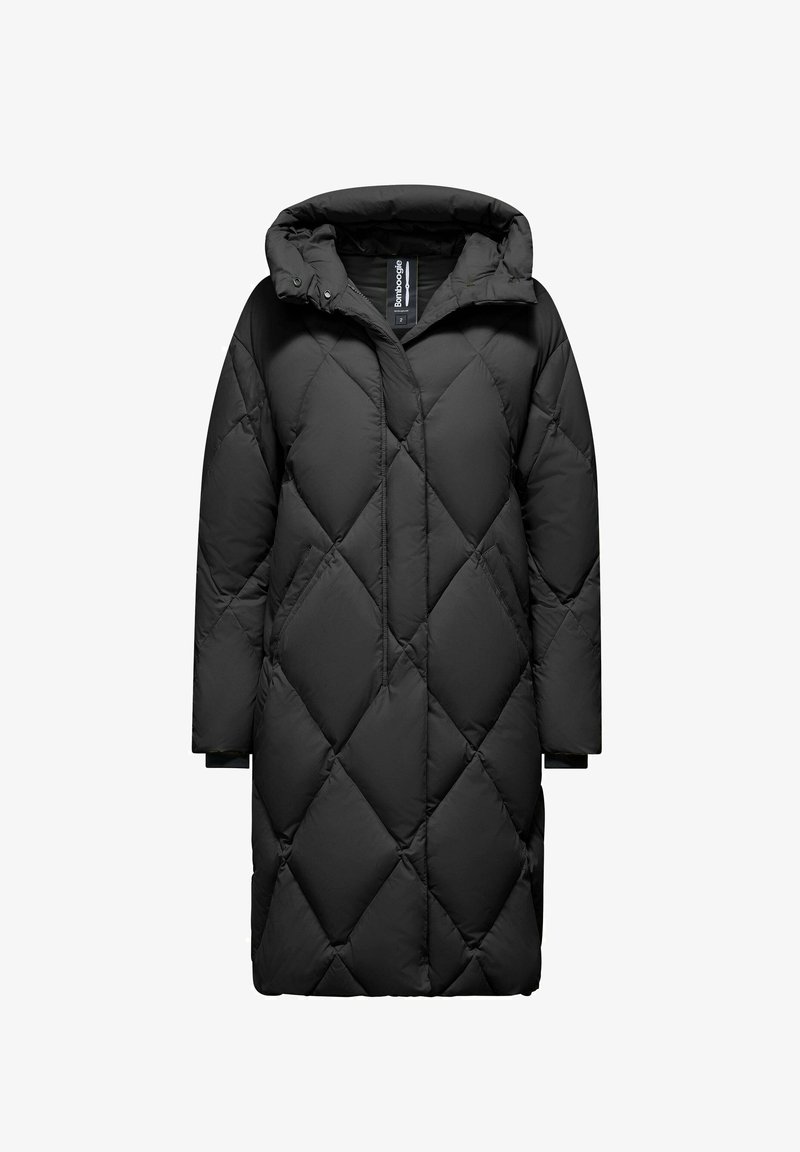Cappotto imbottito nero con un motivo a diamante, cappuccio, maniche lunghe e tasche laterali. Realizzato in materiale leggero e morbido.