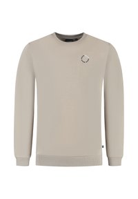 Lichtbeige sweatshirt, met textielstructuur, ronde hals, lange mouwen, ribgebreide manchetten en zoom, klein rond logo in zwart en wit op de borst.