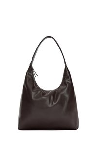 Brown leather shoulder bag with a soft, slouchy design. The bag features a wide strap and minimalistic shape, complemented by subtle texture.