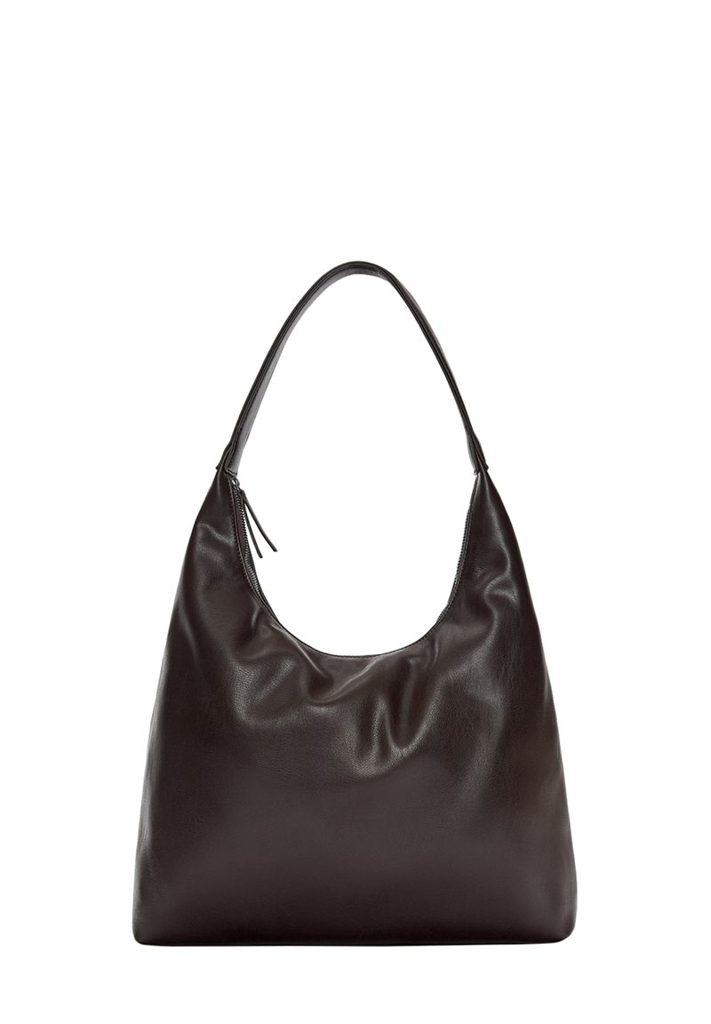 Brown leather shoulder bag with a soft, slouchy design. The bag features a wide strap and minimalistic shape, complemented by subtle texture.
