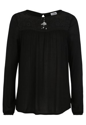 Schwarze Langarmbluse mit rundem Ausschnitt, gefältelter Vorderseite und Spitzendetails an den Schultern. Weicher, leichter Stoff.