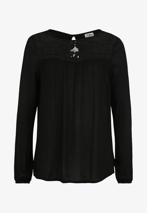 Schwarze Langarmbluse mit rundem Ausschnitt, gefältelter Vorderseite und Spitzendetails an den Schultern. Weicher, leichter Stoff.