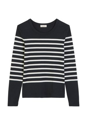 Long-sleeve black and white striped shirt with a round neckline, made of soft fabric, featuring even horizontal stripes and a small logo detail.