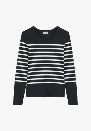 Langärmliges Oberteil mit schwarzen und weißen Streifen und rundem Ausschnitt, aus weichem Stoff gefertigt, mit gleichmäßigen horizontalen Streifen und einem kleinen Logo-Detail.